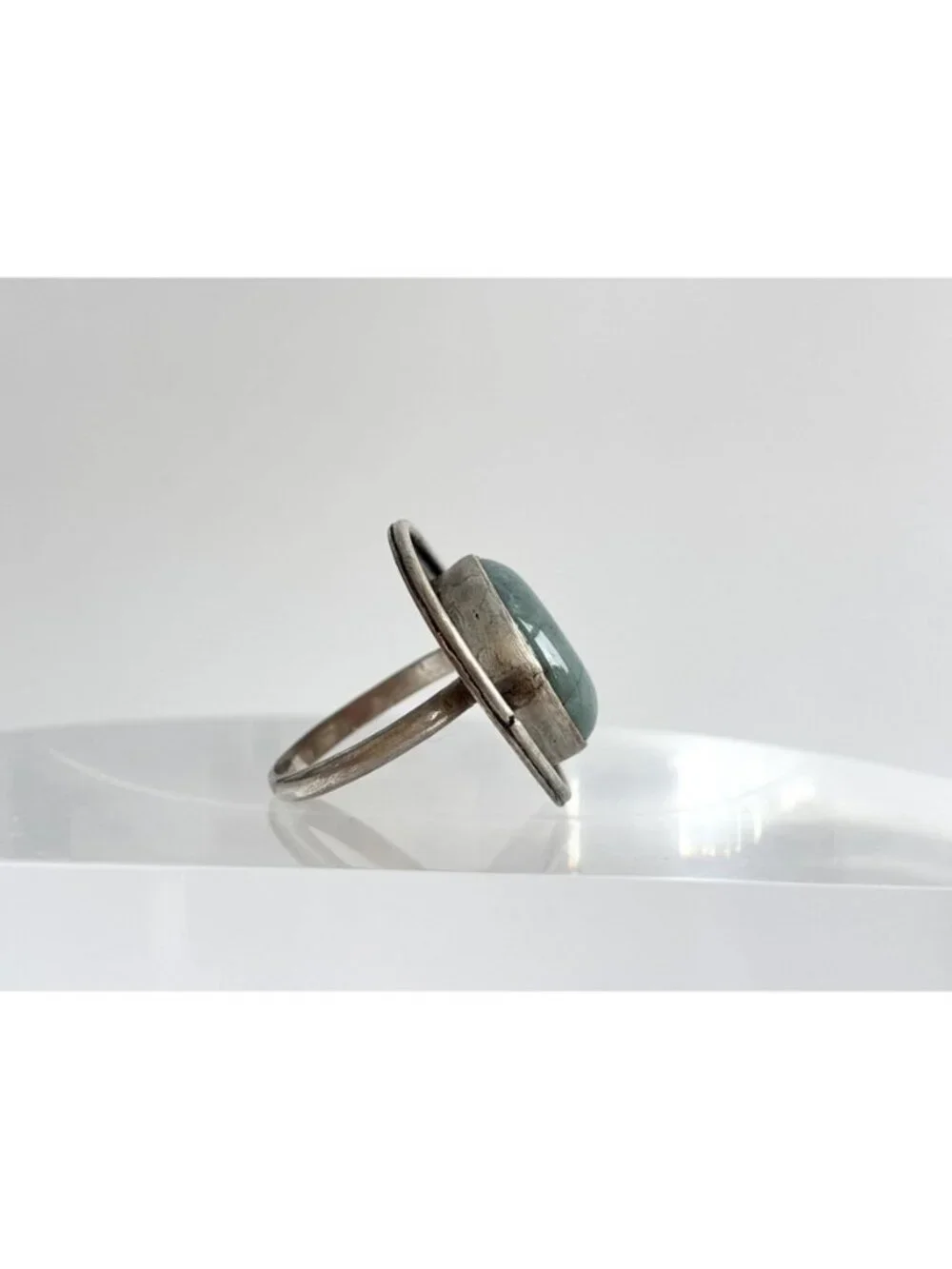 Modernist Freeform Green Agate Gemstone 800 Silver Vintage Ring - sz 9.25